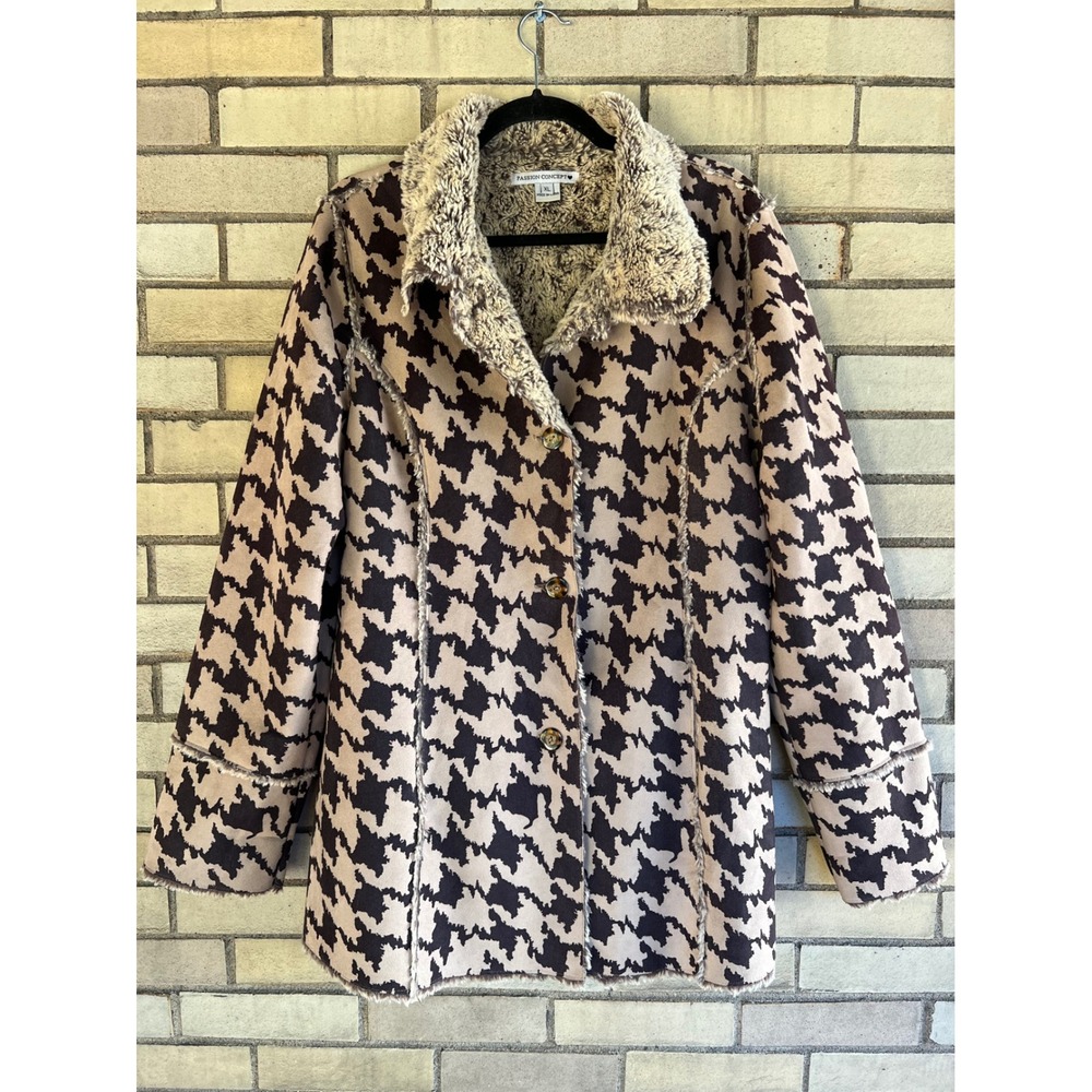 Passion Concept Brown Tan Houndstooth Faux Shearling Lined Coat Winter Size XL